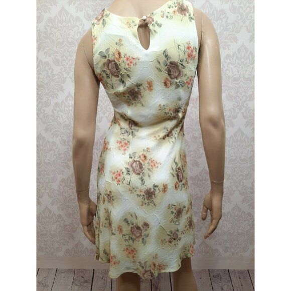 Vintage 90s Floral Dress Size S Sleeveless Crinkle Fabric Beige Brown Above Knee - Picture 9 of 11